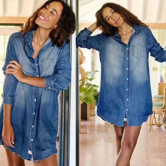 NEW Frank & Eileen Mary Distressed Vintage Wash Denim Shirt Dress Blue Size: XS